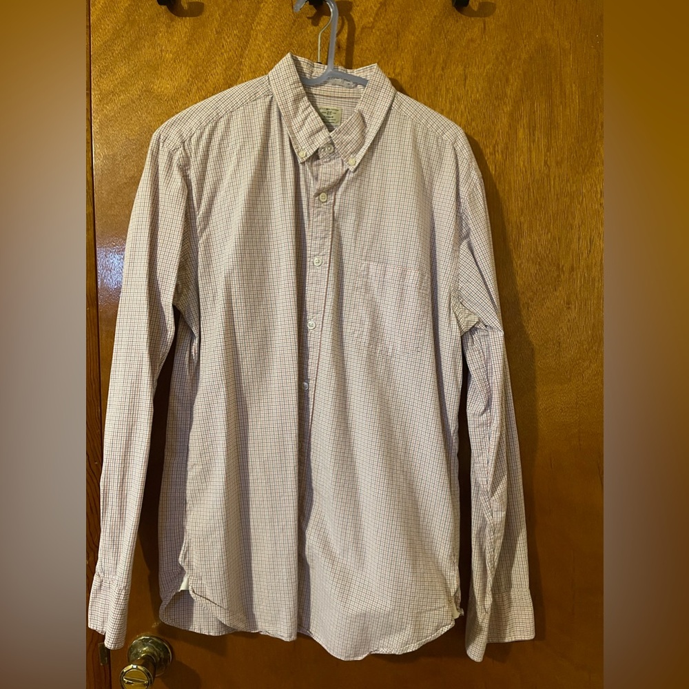 J. crew casual button down size large lined with blue, orange, and white.